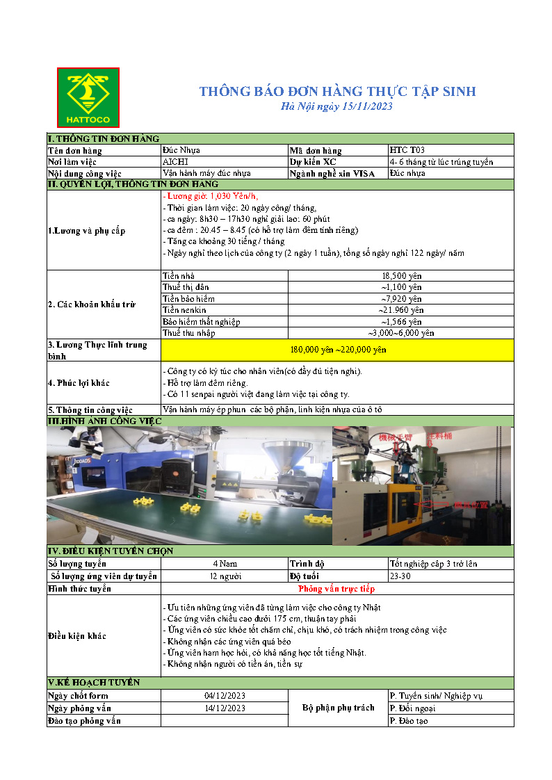 Tuyển TTS ngành Đúc nhựa